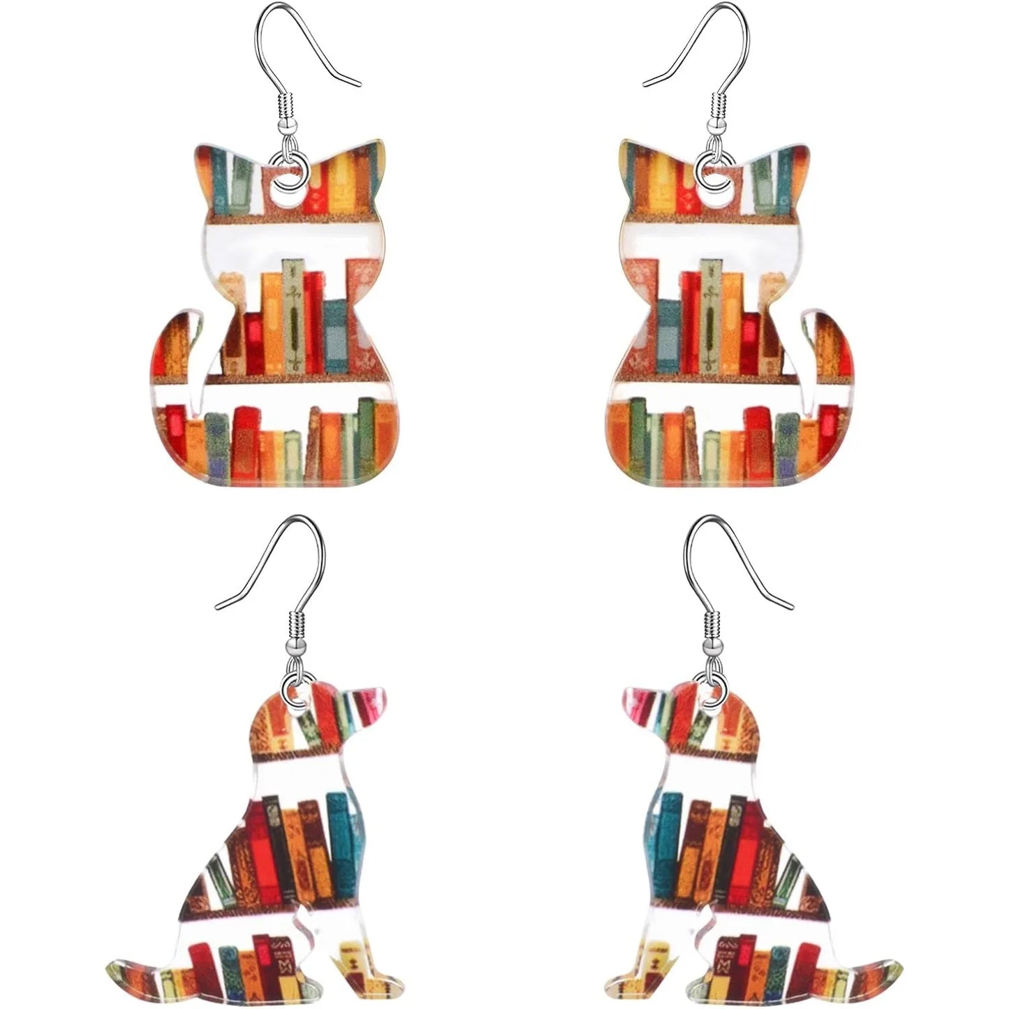 2 Pairs of Cute Cat Dog Book Dangle Earrings Acrylic Classic Bookcase Bookshelf Patterned Earring Hooks for Book Lovers Gift