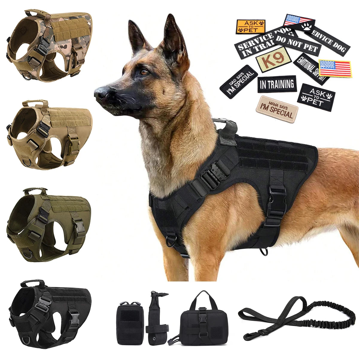 Military Large Dog Harness Collar Leash Bags Patches Set Pet Malinois Training Vests Tactical Dogs Harnesses Accessories