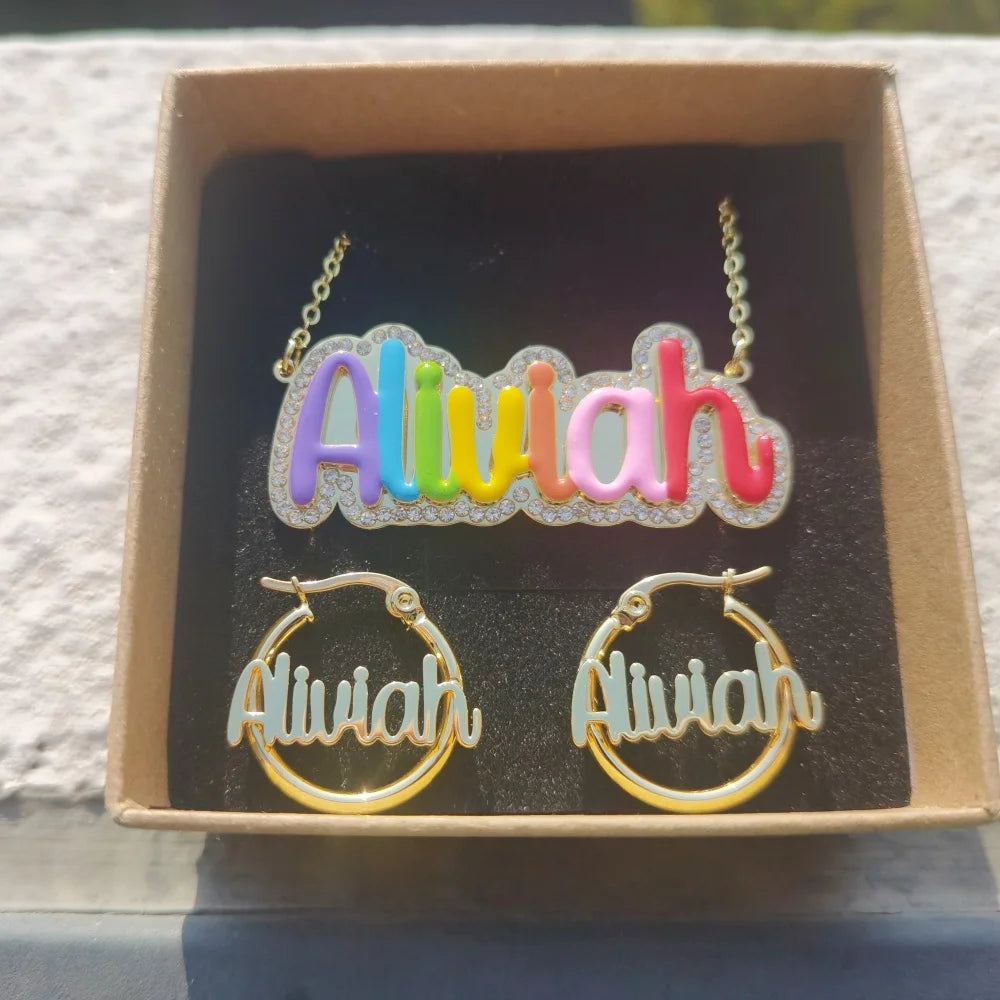 LeeChee Enamel Colorful Custom Name Necklace 20mm Round Hoop Earrings Cute Jewelry Set Anniversary Gift
