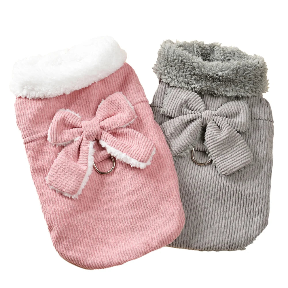 Winter Warm Cat Costume Corduroy Bow Puppy Kitty Coat With D-ring Cute Pet Jacket for Small Medium Dogs Cats Sphynx Pug Costume