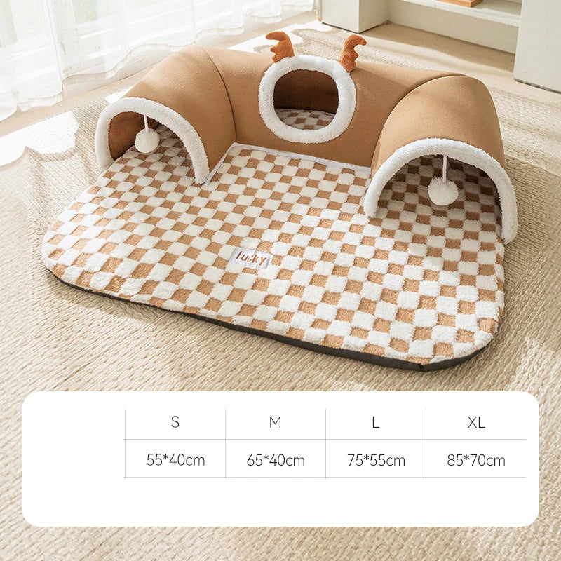 Winter Indoor Warm Plush Cat Bed with Reindeer Appearance Hide and Seek Cat Tunnel Play and Sleep Integrated Cat House Pet Nest