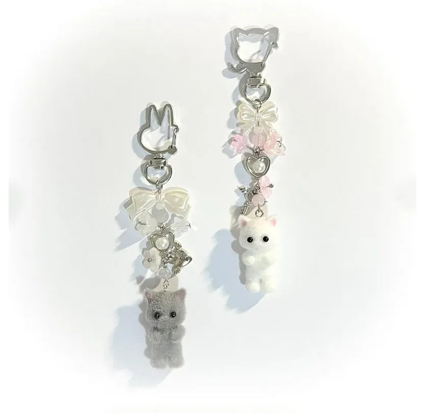 Handmade Calico Animal Phone Charm | Fluffy Persian Cat Twin Keychain | Y2K Fashion Cute Decor Gift for Women