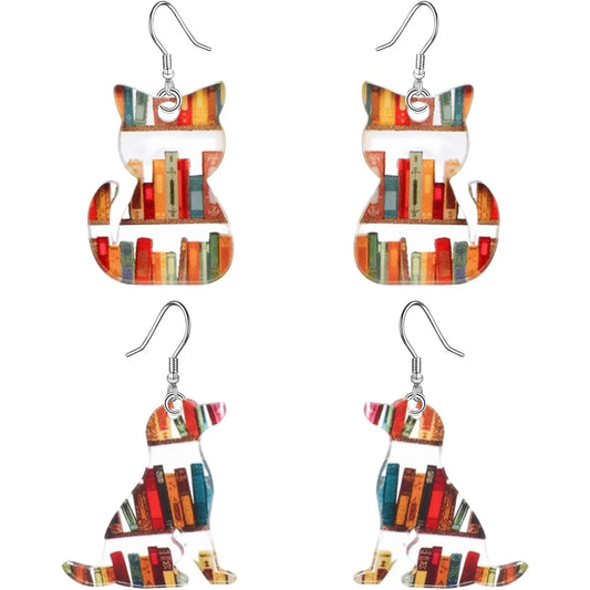 2 Pairs of Cute Cat Dog Book Dangle Earrings Acrylic Classic Bookcase Bookshelf Patterned Earring Hooks for Book Lovers Gift