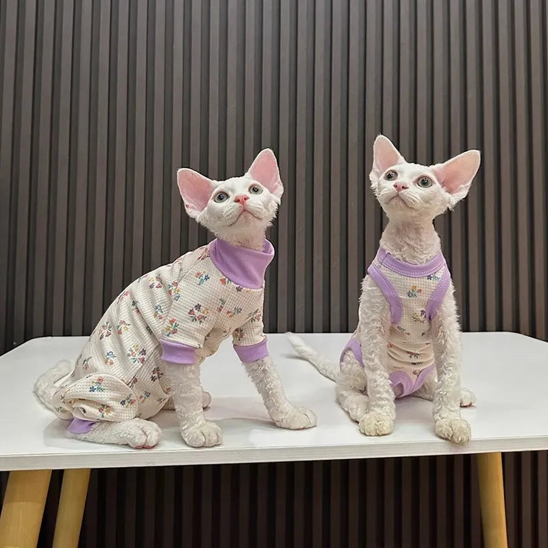 new waffle floral four-legged clothes, belly protection, hairless cat clothes, sphinx Cat Devon