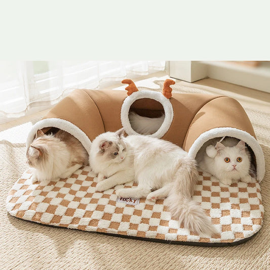 Winter Indoor Warm Plush Cat Bed with Reindeer Appearance Hide and Seek Cat Tunnel Play and Sleep Integrated Cat House Pet Nest