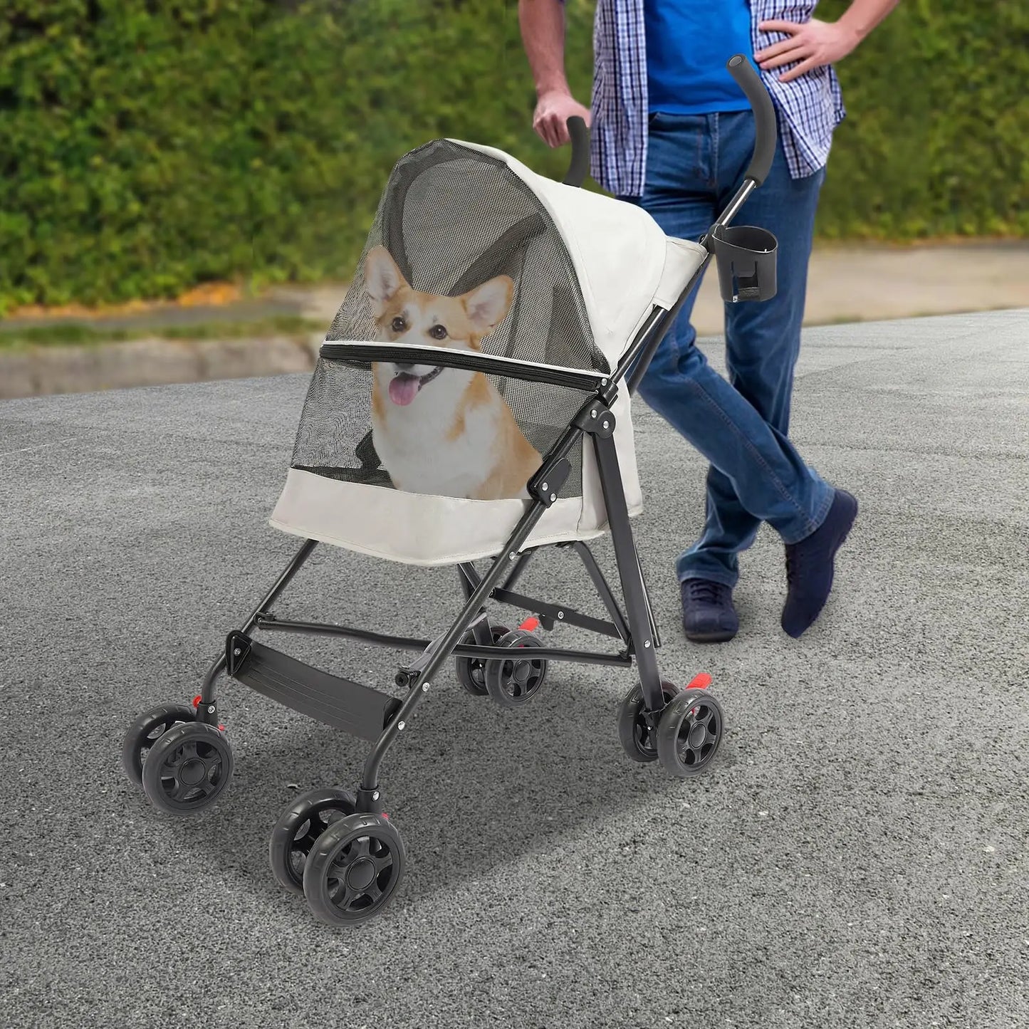 Foldable Pet Stroller for Cats and Dogs, 4 Wheels Portable Travel Cart Carrier with Safety Rope & Food Tray, Lightweight & Portable & Du