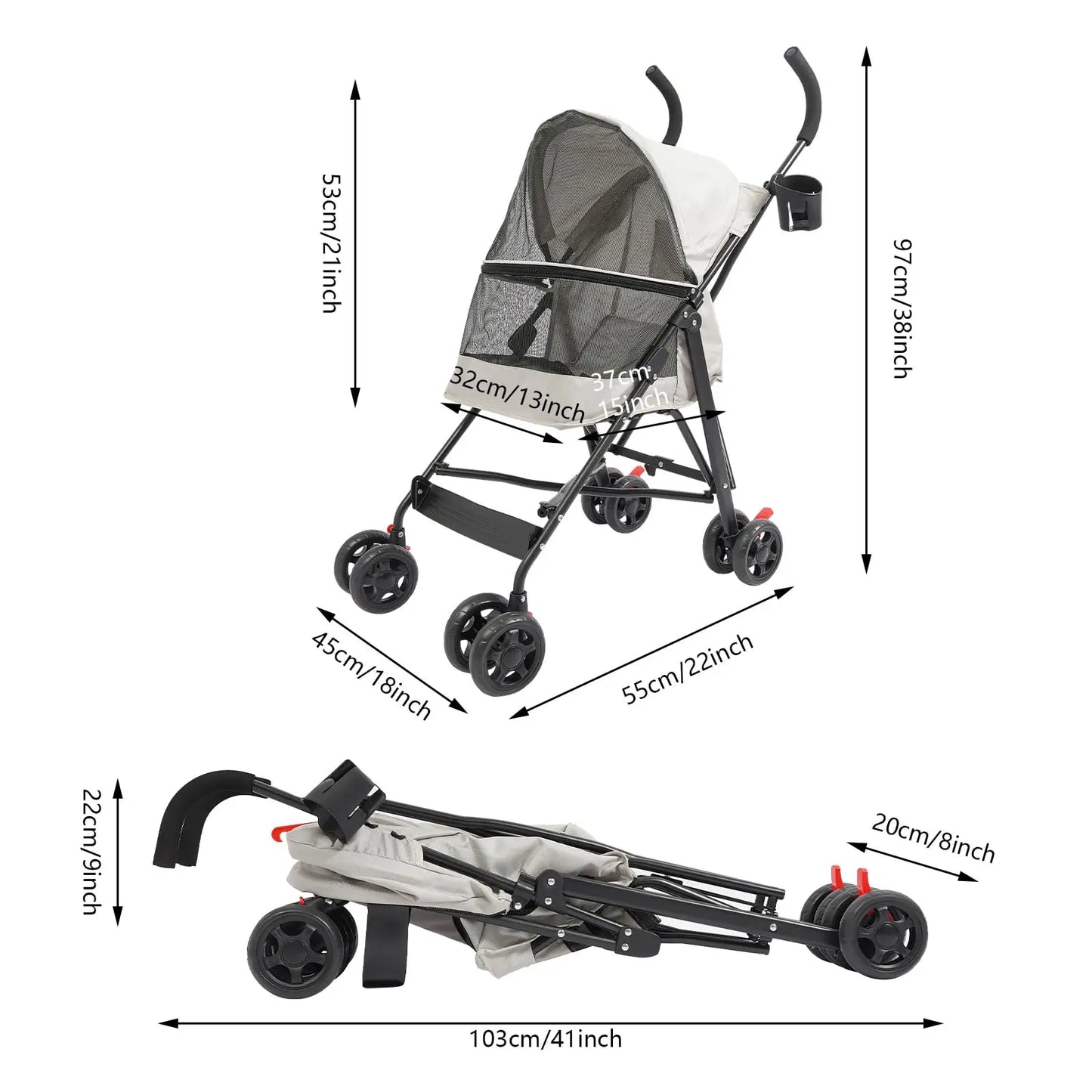 Foldable Pet Stroller for Cats and Dogs, 4 Wheels Portable Travel Cart Carrier with Safety Rope & Food Tray, Lightweight & Portable & Du