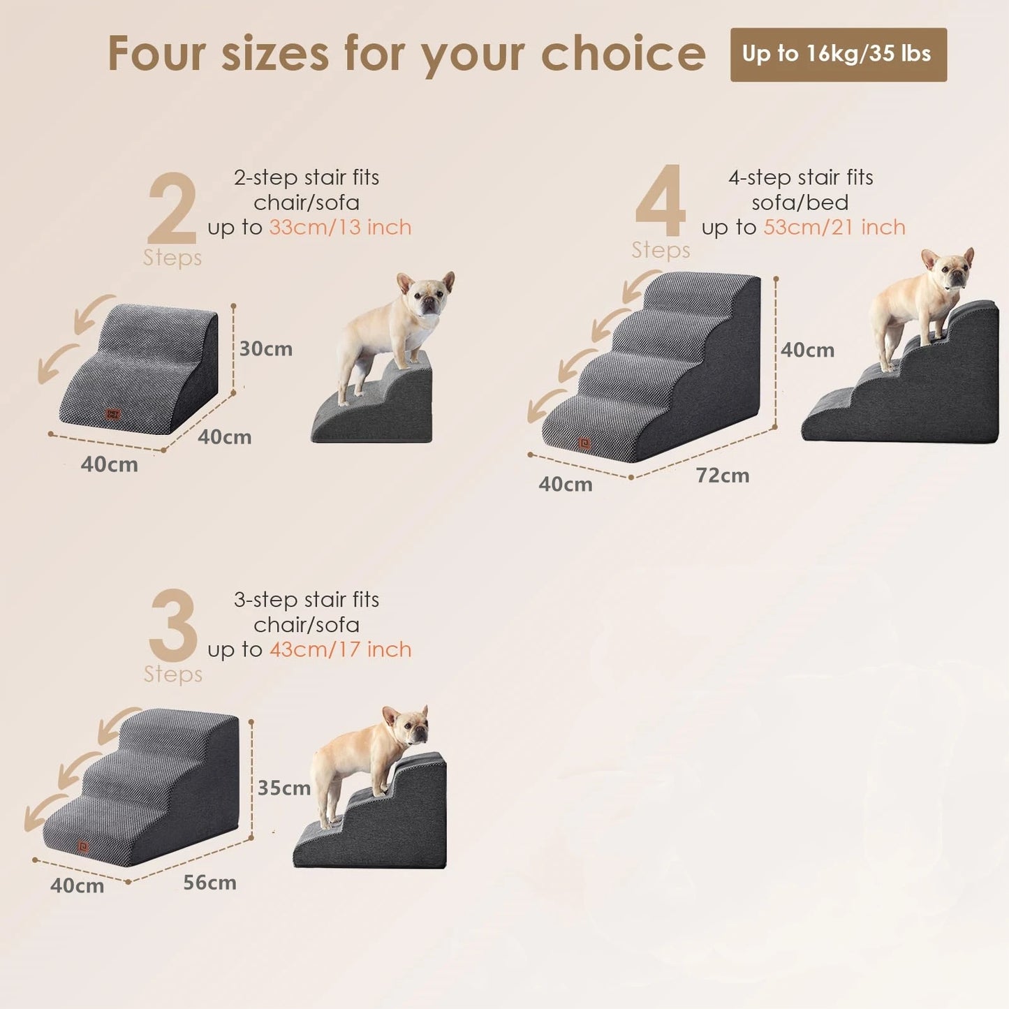 Dog Stairs for Small Dogs , 2-3-4-Step Sturdy Dog Steps for Bed Couch, Sofa or  Cats, Puppy, Washable Cover, Non-Slip Curved Pet