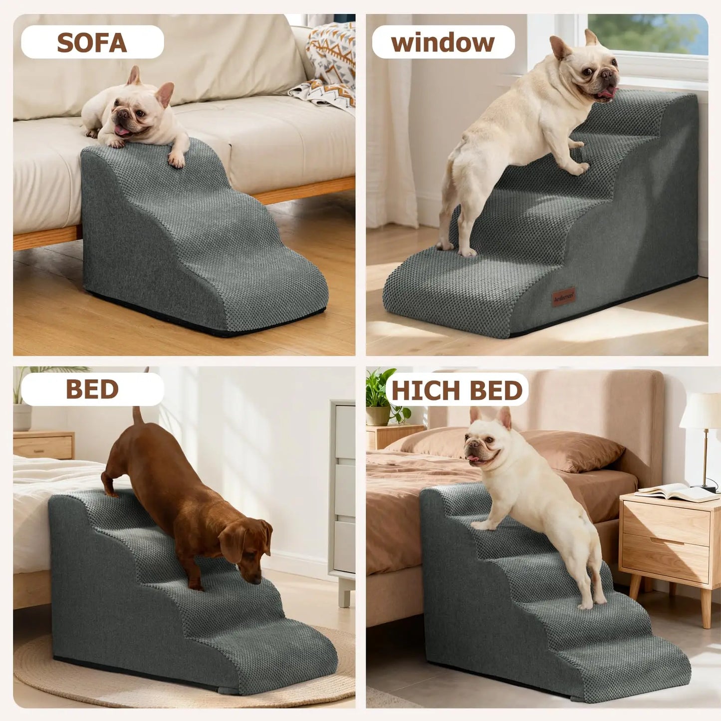 Dog Stairs for Small Dogs , 2-3-4-Step Sturdy Dog Steps for Bed Couch, Sofa or  Cats, Puppy, Washable Cover, Non-Slip Curved Pet